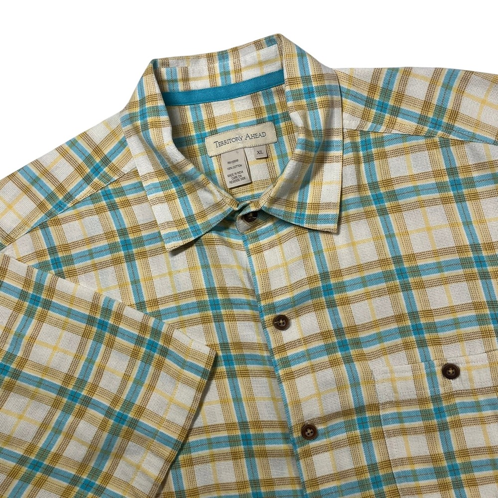 Territory Ahead Button Shirt Mens XL Teal Yellow Plaid Cotton Short Sleeve Shirt
